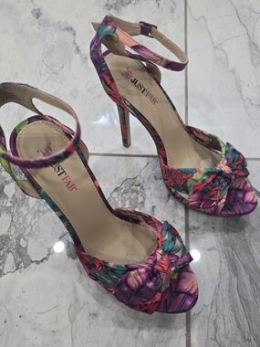 JustFab Floral Knot Ankle-Strap Heels in Purple and Green Multi